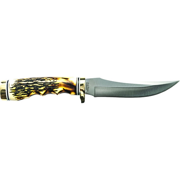 Picture of Uncle Henry Golden Spike Rat Tail Tang Fixed Blade Knife, 5" Clip Point Blade, Staglon Handle, Leather Sheath W/Sharpener 153UH 044356003063