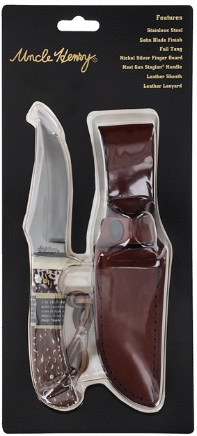 Picture of  Uncle Henry Old 1100035 Next Gen Staglon  4.25" Skinner Plain Satin Stainless Steel Blade 4.25" Staglon Handle Features Brass Finger Guard Includes Sheath