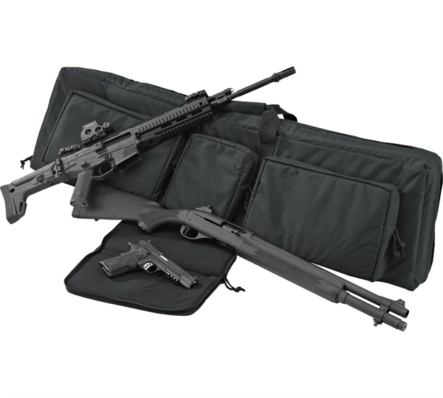 Picture of  US Peacekeeper P30049 3-Gun Case Water Resistant Black 600D Polyester W/ 3 Padded Pockets Zippered Handgun Case Webbing System & Thick Padding 663306300498