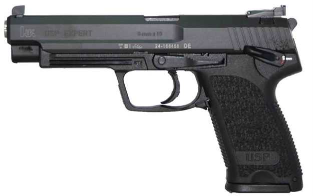 Picture of Heckler & Koch 81000361 Usp Expert V1 9Mm Luger Caliber With 4.25" Barrel, 15+1 Capacity, Overall Black Finish, Serrated Trigger Guard Frame, Serrated Steel Slide & Polymer Grip Includes 2 Mags M709080-A5 642230247055