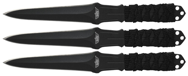 Picture of  Uzi Accessories Uzktrw003 Throwing Knives  3" Fixed Straight Back Plain Black Stainless Steel Blade Black Nylon Cord Wrapped Handle 024718926544