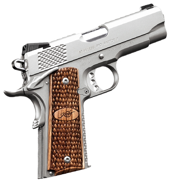 Picture of Kimber Mfg.,Inc 3200365 Stainless Pro Raptor II 9Mm 9+1 4" Stainless Steel Slide Satin Silver Zebrawood W/ Scale Pattern And Kimber Logo Grip KIM3200365 669278323657