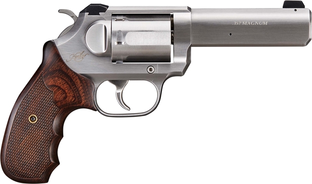 Picture of Kimber Mfg, Inc 3400031 K6s Combat Da/Sa 357 Mag 6 Shot 4" Brushed Stainless Stainless Steel Barrel & Cylinder, Brushed Stainless Steel Frame, Walnut 3-Finger Target Grip, Exposed Hammer KIM3400031 669278340319