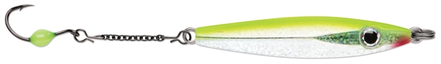Picture of Vmc Rocker Spoon, Sinking, 1-1/2", 3/16 Oz, Variable Running Depth, #6 Hook, 1-3/4" Dropper, Glow Charteuse Shiner
