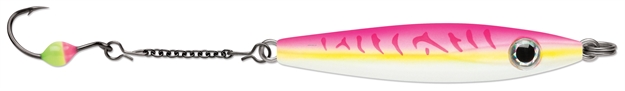 Picture of Vmc Rocker Spoon, Sinking, 1-1/2", 3/16 Oz, Variable Running Depth, #6 Hook, 1-3/4" Dropper, Glow Pink Fire UV