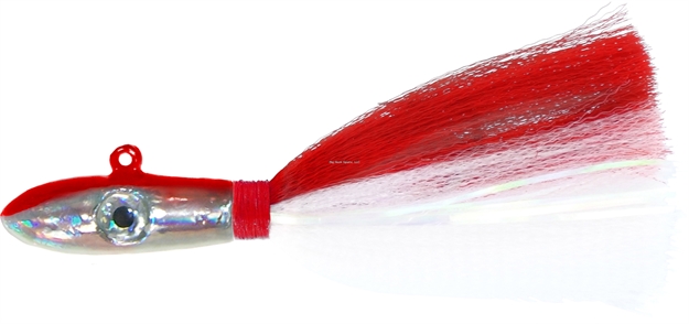 Picture of Wahoo Grouper Nylon Jig 4Oz Red Wht Holo Elongated Bullethea 3D Eyes Hand-Tied Nylon W/Flashabou