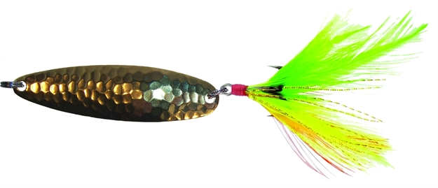 Picture of Wahoo Redfish Key Hammered Spoon, 2 1/8", 1/4 Oz, SZ 4 Hook, Gold/Firetiger Feather, 1/Card