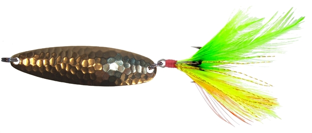 Picture of Wahoo Redfish Key Hammered Spoon, 2 1/8", 3/8 Oz, SZ 4 Hook, Gold/Firetiger Feather, 1/Card