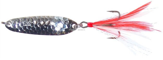 Picture of Wahoo Redfish Key Hammered Spoon, 2 1/8", 3/8 Oz, SZ 4 Hook, Silver/Red & White Feather, 1/Card