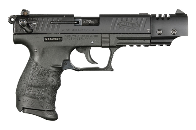 Picture of  Walther Arms 5120334 P22 Target *Ca Compliant 22 LR Caliber With 5" Barrel, 10+1 Capacity, Black Finish Picatinny Rail Frame, Serrated Matte Black Tenifer Steel Slide & Interchangeable Backstrap Grip