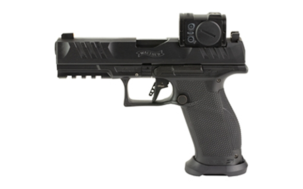 Picture of  Walther Arms 2881225Pro Pdp W/Optic Full Size Frame 9Mm Luger 18+1 4.50" Polygonal Rifling Barrel Black Optic Ready/Serrated Steel Slide Black Polymer Frame W/Picatinny Rail, Aimpoint Acro Red Dot