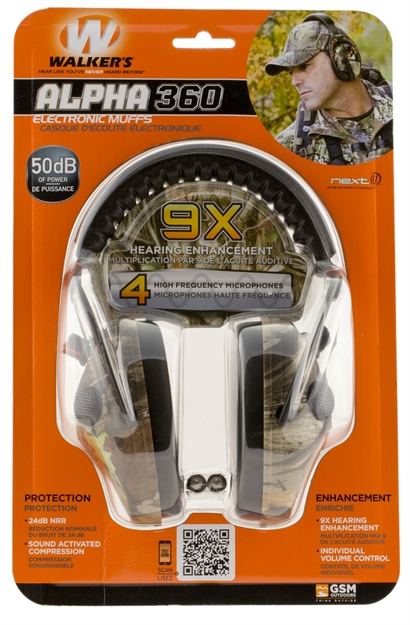 Picture of Walker's Alpha Electronic Shooting Muff, 360 Quad, 9X Enhancement, 50 DB Power, Nrr 24Db, Nxt Camo