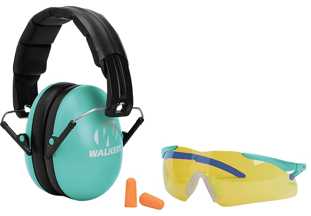 Picture of Walker's Gwpywfm2gfpltl Folding Muff Combo 23 DB Over The Head Folding Muff, Foam Ear Plugs, Shooting Glasses Black/Teal Polymer Fits Youth/Women GWP-YWFM2GFP-LTL