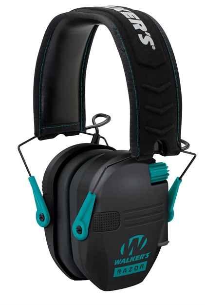 Picture of  Walker's Gwprsemtl Razor Slim Electronic Muff 23 DB Over The Head Black Polymer W/Teal Accents 888151013045