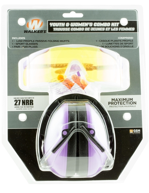 Picture of  Walker's Gwpywfm2gfppur Folding Muff Combo 23 DB Over The Head Folding Muff, Foam Ear Plugs, Shooting Glasses, Purple/Black Polymer Fits Youth/Women
