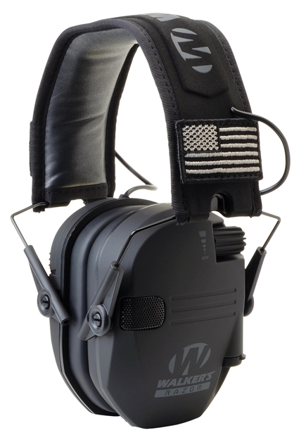 Picture of Walker's Gwprsempat Razor Patriot Slim Electronic Muff 23 DB Over The Head Black W/Flag Patch Polymer GWP-RSEMPAT