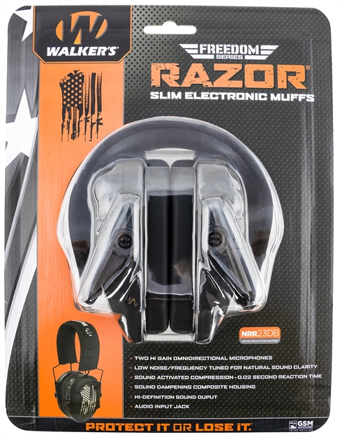 Picture of Walkers Freedon Series Razor Slim Shooter Folding Electronic Ear Muff Nrr23db, Low Profile, HD Sound, Blk Gun Flag GWP-RSEMFS