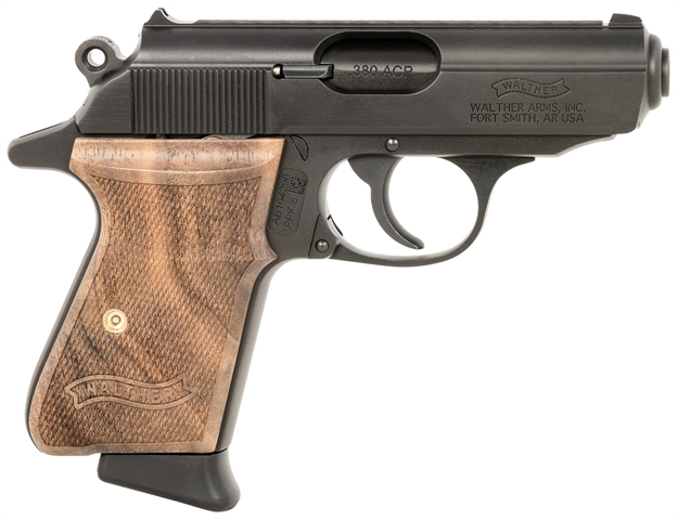 Picture of  Walther Arms 4796043 Ppk/S  Carry Frame 380 Acp 7+1 3.30" Black Steel Barrel, Black Serrated Zinc Alloy Slide Black, Aluminum Frame W/Beavertail Walnut Grip, Right Hand 723364231186