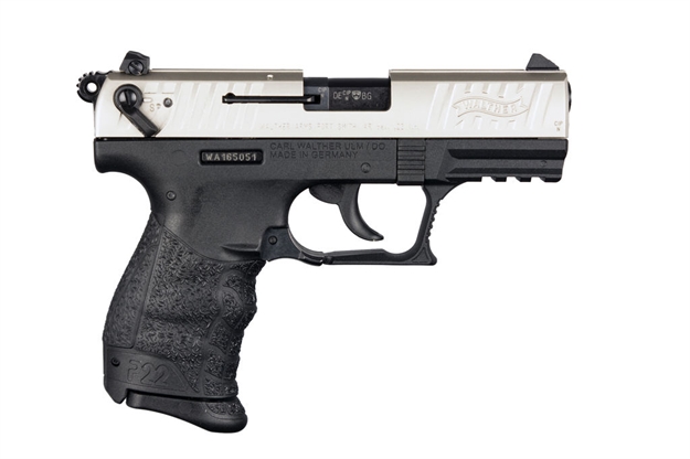 Picture of  Walther Arms 5120336 P22 *Ca Compliant 22 LR 10+1 3.42" Nickel Serrated/Steel Slide, Black Polymer Frame W/Picatinny Rail, Black Interchangeable Backstrap Grips