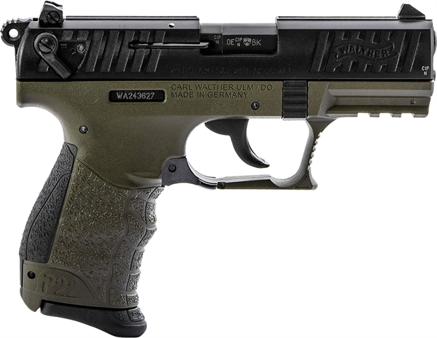 Picture of  Walther Arms 5120715 P22 Q Military 22 LR 10+1 3.42" Steel/Threaded Barrel, Matte Black Tenifer Serrated/Steel Slide, OD Green Polymer Frame W/Picatinny Rail, Black Interchangeable Backstrap Grips 723364214554