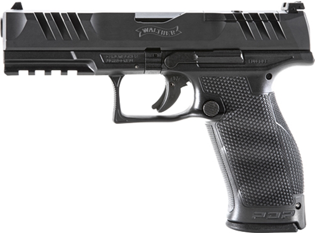 Picture of  Walther Arms 2844001 Pdp Optic Ready 9Mm Luger Caliber With 5" Barrel, 18+1 Capacity, Black Finish Picatinny Rail Frame, Serrated/Optic Cut Black Steel Slide & Performance Duty Textured Polymer Grip