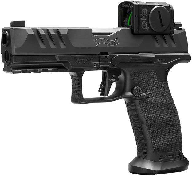 Picture of  Walther Arms 2881225Pro Pdp W/Optic Full Size Frame 9Mm Luger 18+1 4.50" Polygonal Rifling Barrel Black Optic Ready/Serrated Steel Slide Black Polymer Frame W/Picatinny Rail, Aimpoint Acro Red Dot