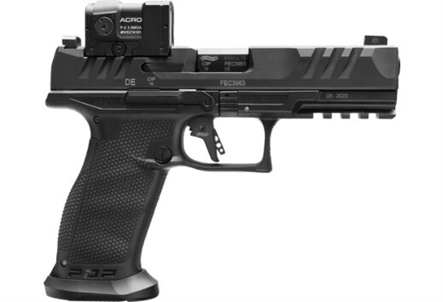 Picture of  Walther Arms 2881225Pro Pdp W/Optic Full Size Frame 9Mm Luger 18+1 4.50" Polygonal Rifling Barrel Black Optic Ready/Serrated Steel Slide Black Polymer Frame W/Picatinny Rail, Aimpoint Acro Red Dot