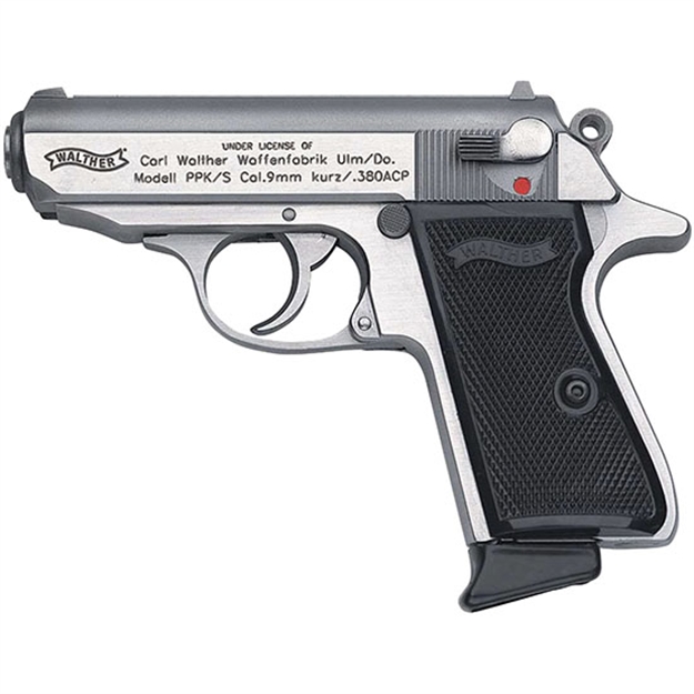 Picture of  Walther Arms 4796004 Ppk/S  380 Acp 7+1 3.30" Stainless Steel Barrel, Stainless Steel Serrated Zinc Alloy Slide, Stainless Aluminum Frame W/Beavertail, Black Polymer Grip, Manual Thumb Safety 723364209956