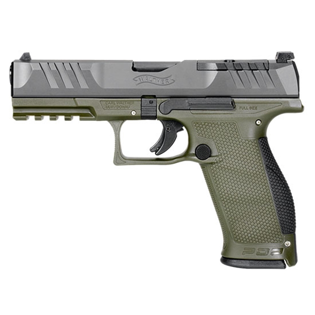 Picture of  Walther Arms 2858363 Pdp  9Mm Luger 18+1 4.50" Black Polygonal Rifled Barrel, Black Optic Ready/Serrated Slide, Green Polymer Frame W/Picatinny Rail, Black Performance Duty Texture Grips, Ambidextrous