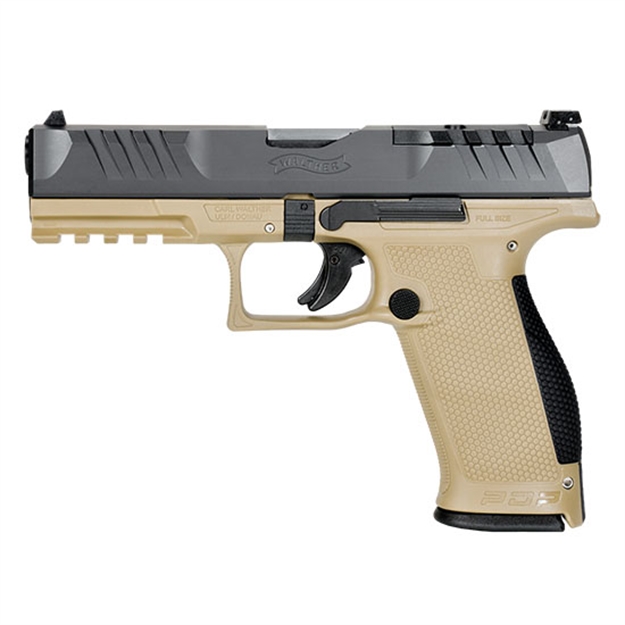 Picture of  Walther Arms 2858380 Pdp  9Mm Luger 18+1 4.50" Black Polygonal Rifled Barrel, Black Optic Ready/Serrated Slide, Tan Polymer Frame W/Picatinny Rail, Black Performance Duty Texture Grips, Ambidextrous 723364227103