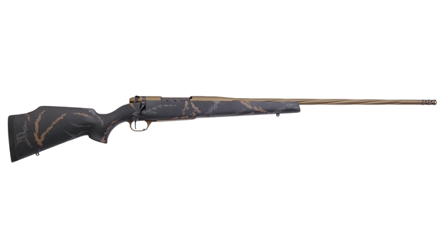 Picture of  Weatherby Mwl05n300wr8b Mark V Weathermark Ltd 300 Wthby Mag 3+1 26" Burnt Bronze Cerakote Spiral, Fluted Steel Barrel, Black W/Grey & Brown Accents Monte Carlo Stock 747115446285