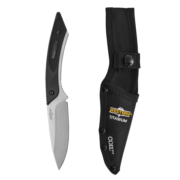 Picture of  Camillus 19123 Western Coil 3.25" Fixed Plain Silver 420 Steel Titanium Bonded Blade, Black/Ss Rubber/Stainless Steel Handle, Includes Sheath