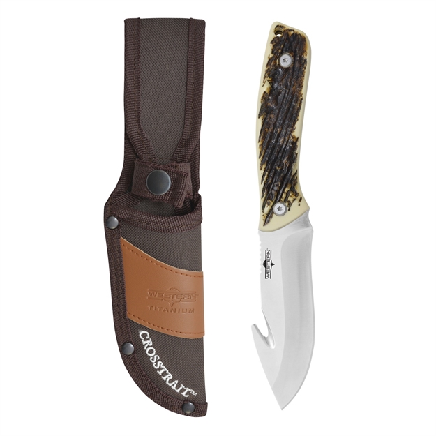 Picture of  Camillus 19247 Western Crosstrail 4.25" Fixed Gut Hook Plain Silver 420 Steel Titanium Bonded Blade, Stag/Antler Delrin Handle, Includes Belt Loop/Sheath 016162192477