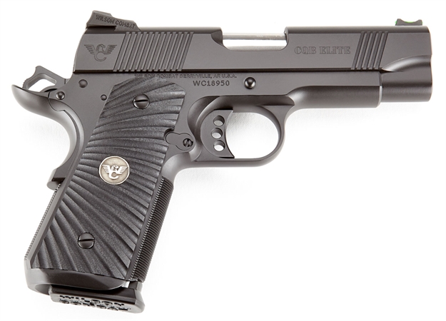 Picture of  Wilson Combat Cqbecp45 Cqb Elite Compact Frame 45 Acp 7+1 4" Stainless Match Grade Barrel, Black Serrated Carbon Steel Slide, Black Armor-Tuff Carbon Steel W/Beavertail, Black G10 Starburst Grip