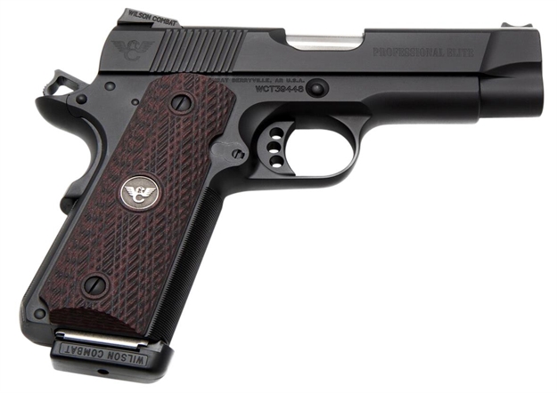 Picture of  Wilson Combat Proepr45 1911 Professional Elite 45 Acp  8+1 4" Barrel, Black  Carbon Steel Frame W/Beavertail,  Serrated Slide, Black Cherry G10 Grip, Manual Safety