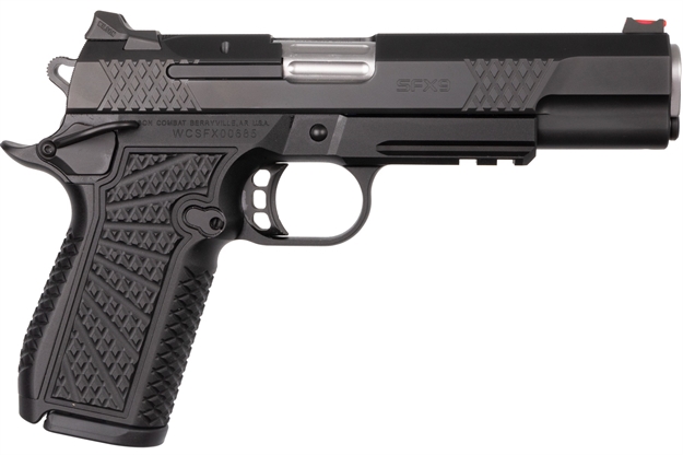 Picture of  Wilson Combat Sfx9fsr5a Sfx9  9Mm Luger 15+1 5" Stainless Match Grade Barrel, Black Dlc Serrated Stainless Steel Slide, Black Aluminum Frame W/Beavertail & Picatinny Rail, Black Polymer Grip 810025507305