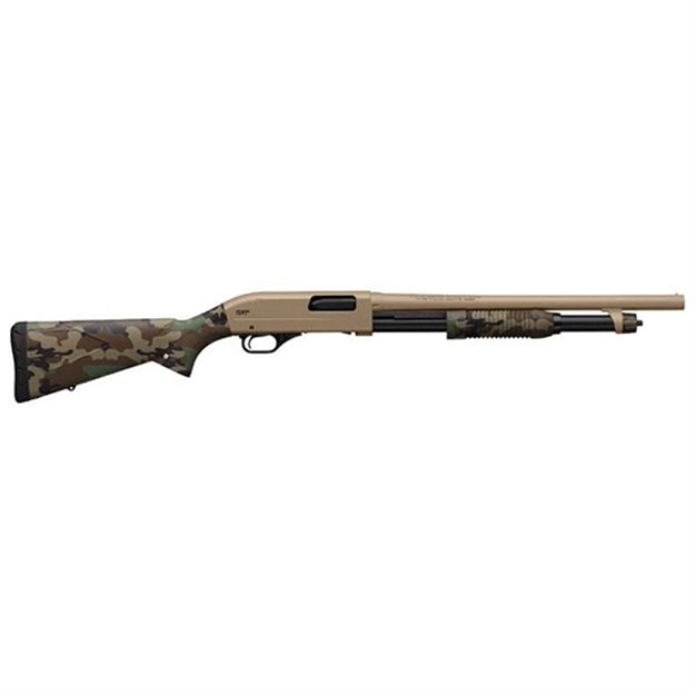 Picture of Winchester Repeating Arms  Sxp Defender 20 Gauge 3" 5+1 (2.75") 18" Barrel, Fde Drilled & Tapped Rec, Woodland Camo Textured Stock, Tactical  Ribbed Forearm, Inflex Recoil Pad 512435695