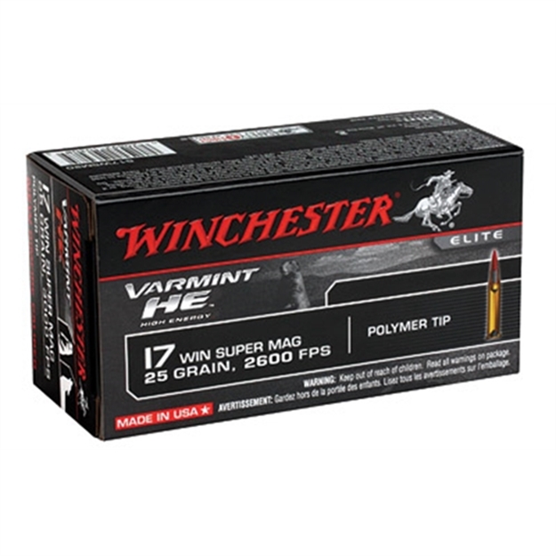 Picture of Winchester Varmint HE Rimfire Ammo 17 Wsm, Polymer Tip, 25 Grains, 2411 Fps, 50 Rounds, Boxed S17W25