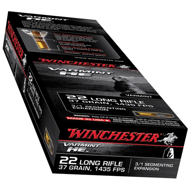 Picture of Winchester Varmint HE Rimfire Ammo 22 Lr, HP 3/1 Segmenting Core, 37 Grains, 1400 Fps, 50 Rounds, Boxed S22LRFSP 020892102729