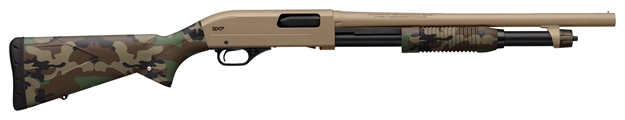 Picture of Winchester Repeating Arms  Sxp Defender 20 Gauge 3" 5+1 (2.75") 18" Barrel, Fde Drilled & Tapped Rec, Woodland Camo Textured Stock, Tactical  Ribbed Forearm, Inflex Recoil Pad 512435695 048702024412