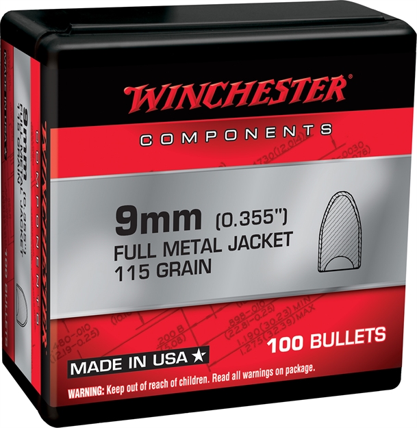 Picture of  Winchester Ammo Wb9mc115x Centerfire Handgun Reloading 9Mm 115Gr Full Metal Jacket Flat Base 100 Per Box/10 Case 020892634244