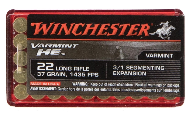 Picture of Winchester Varmint HE Rimfire Ammo 22 Lr, HP 3/1 Segmenting Core, 37 Grains, 1400 Fps, 50 Rounds, Boxed S22LRFSP