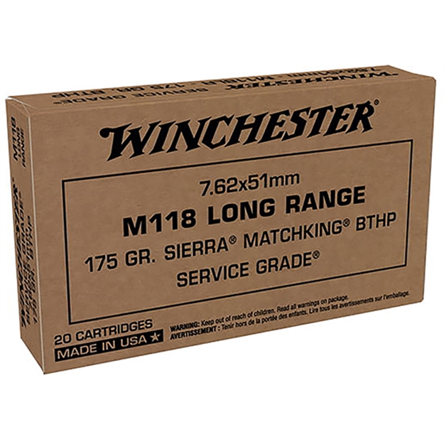 Picture of Winchester Ammunition Service Grade Rifle Ammo 7.62X51mm, M118 Long Range, Sierra Matchking Bthp, 175 Gr, 20 Rnd SGM118LRW