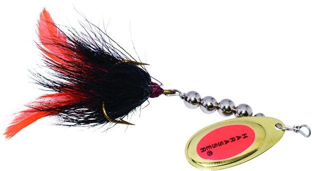 Picture of Windels Pike Harasser Bucktail Spinner, 4", 5/0 Hook, #5 Blade, Black/Orange