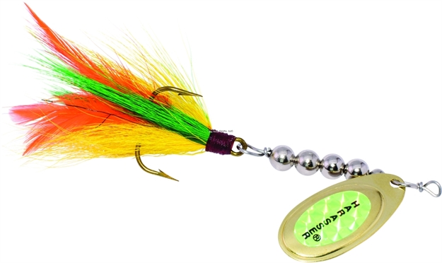 Picture of Windels Pike Harasser Bucktail Spinner, 4", 5/0 Hook, #5 Blade, Perch/Flame