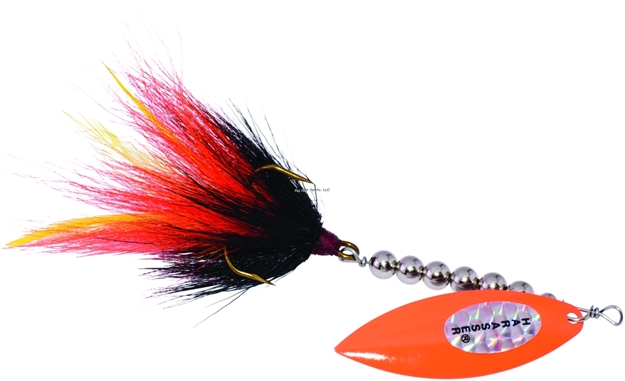 Picture of Windels Pike Harasser Magnum Bucktail Spinner, 6", 3/4 Oz, 5/0 Hook, #5 Blade, Black/Orange