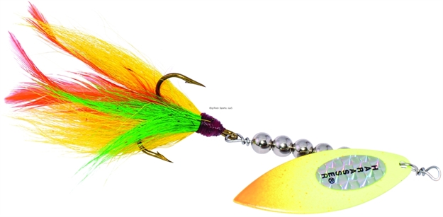 Picture of Windels Pike Harasser Magnum Bucktail Spinner, 6", 3/4 Oz, 5/0 Hook, #5 Blade, Perch/Flame