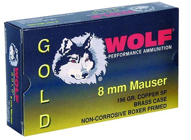 Picture of Wolf G8x57sp1 Gold 8Mm Mauser Jacketed Soft Point 196 GR 20 Box/25 Case