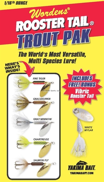 Picture of Wordens Rooster Tail Box Kit, Assort 6 Pack 1/8 Oz,  Ylcd, Chr, Gfrt, Bl, Rbow, Contains 1 Free Vibric Rooster Tail Whmy