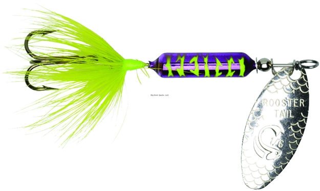 Picture of Wordens Rooster Tail In-Line Spinner, 2 1/4", 1/8 Oz, Treble Hook, Metallic Purple Chartreuse Tiger